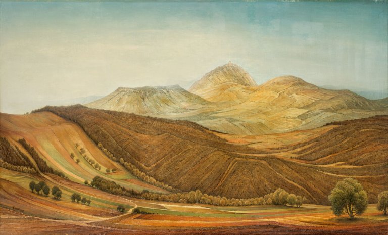 Auf diesem Bild ist das folgende Kunstwerk zu sehen: Franz Lenk. Landschaft mit Wald und Höhe mit Burg. 1937.