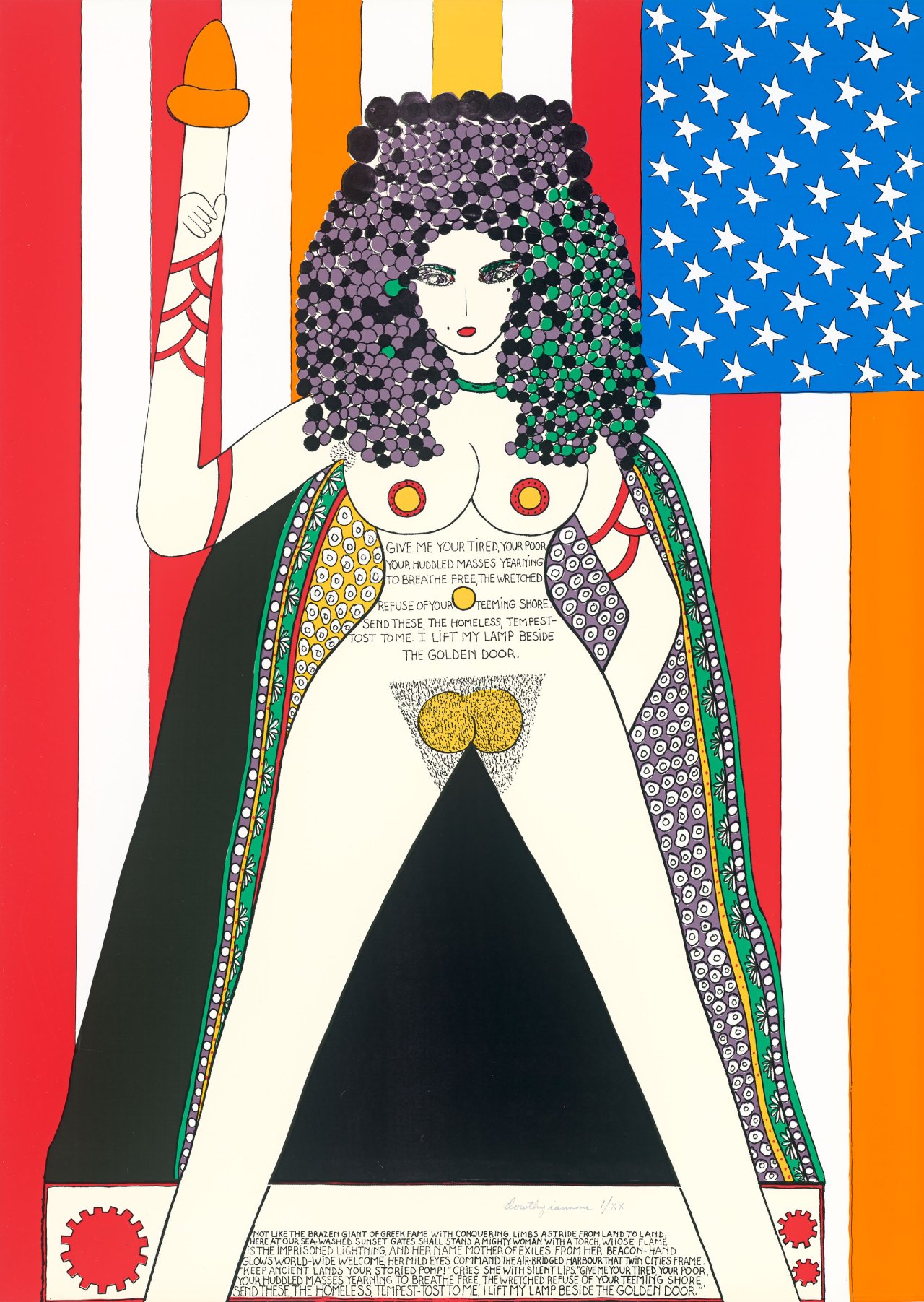 This picture shows the following artwork: Dorothy Iannone. ”I lift my lamp besides the golden door”. 1977.