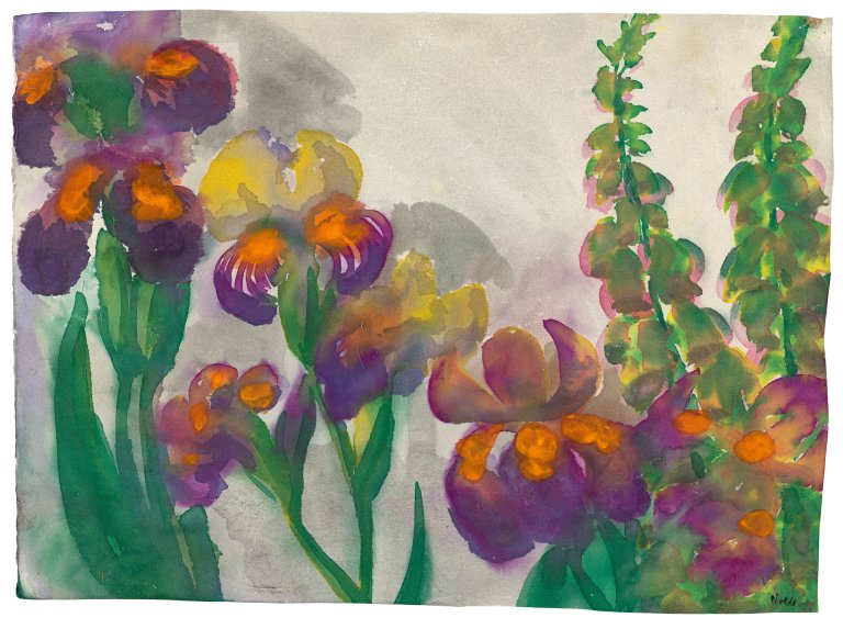 This picture shows the following artwork: Emil Nolde. ”Schwertlilien und andere Blumen”. Circa 1930.