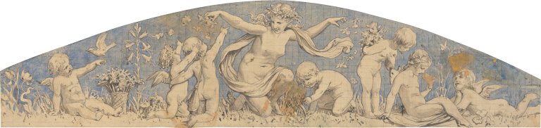 Auf diesem Bild ist das folgende Kunstwerk zu sehen: Hans Speckter. Studie Supraporte (Frühling) und Familienbild (“Das große Zimmer“). 1880er Jahre.