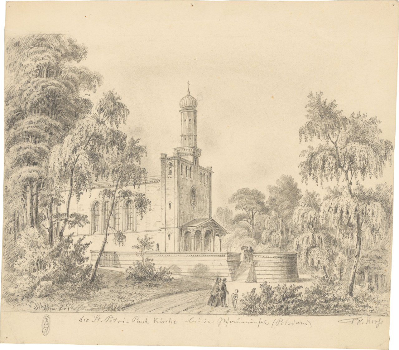 Auf diesem Bild ist das folgende Kunstwerk zu sehen: Friedrich Wilhelm Klose. Die St. Petri-Paul Kirche bei der Pfaueninsel. Nach 1839.