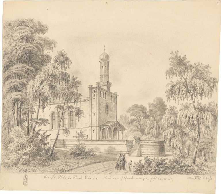 Auf diesem Bild ist das folgende Kunstwerk zu sehen: Friedrich Wilhelm Klose. Die St. Petri-Paul Kirche bei der Pfaueninsel. Nach 1839.