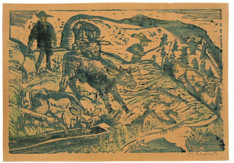 Auf diesem Bild ist das folgende Kunstwerk zu sehen: Ernst Ludwig Kirchner. „Kühe und Hirten“. 1917.