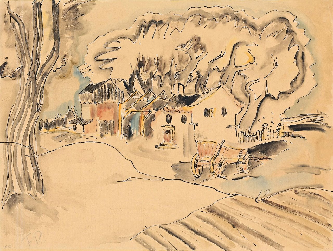 This picture shows the following artwork: Franz Radziwill. „Landschaft mit Häusern und Pferderkarren“. Circa 1922.