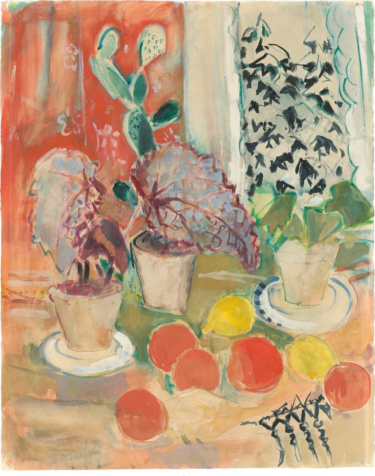 Auf diesem Bild ist das folgende Kunstwerk zu sehen: Oskar Moll. „Stilleben mit Blattpflanzen, Kaktus und Zitrusfrüchten“. 1940.