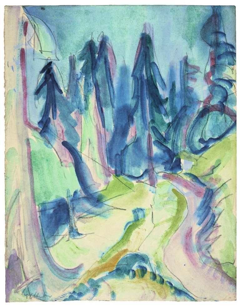 Auf diesem Bild ist das folgende Kunstwerk zu sehen: Ernst Ludwig Kirchner. Tannenwald. Um 1920.