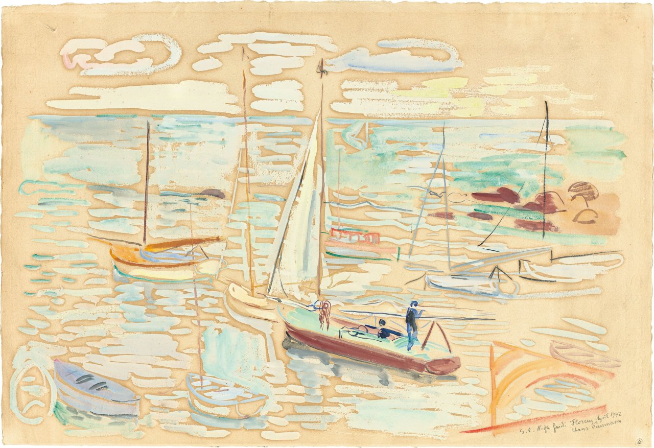 Auf diesem Bild ist das folgende Kunstwerk zu sehen: Hans Purrmann. „Boote am südlichen Ufer“. 1930.