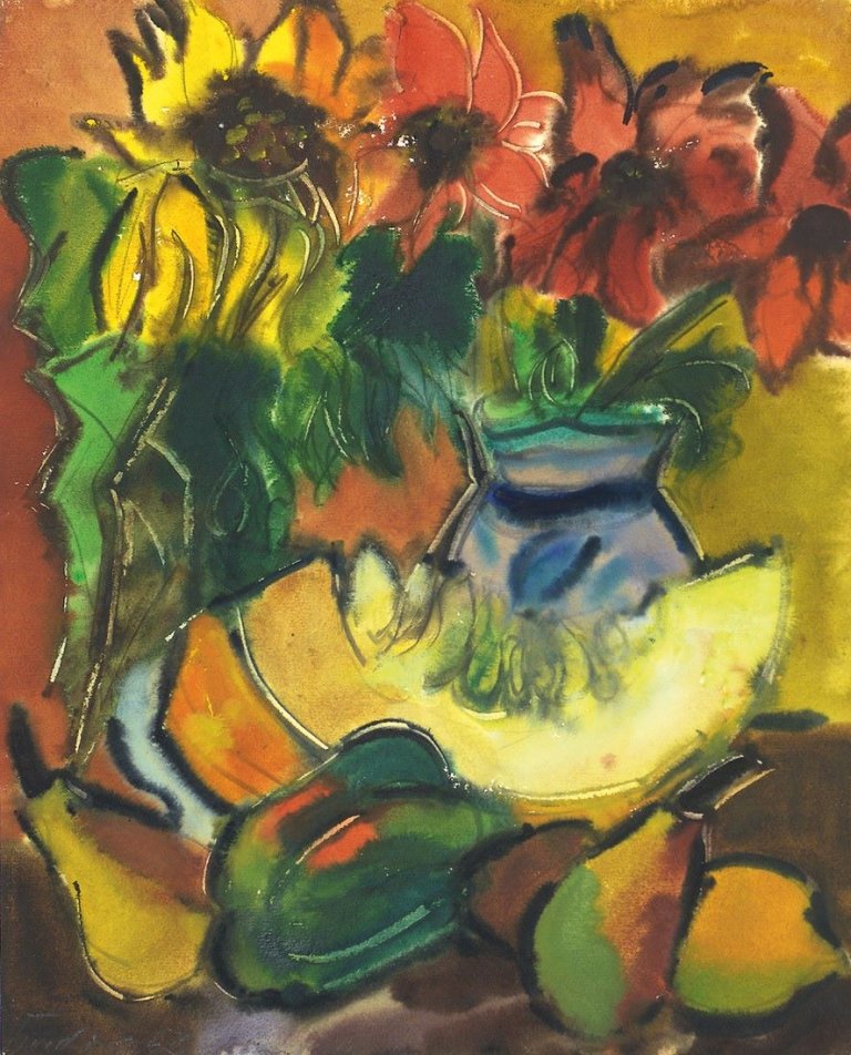 Auf diesem Bild ist das folgende Kunstwerk zu sehen: Rudolf Bredow. Blauer Krug mit Blumen und Früchten. 1963.