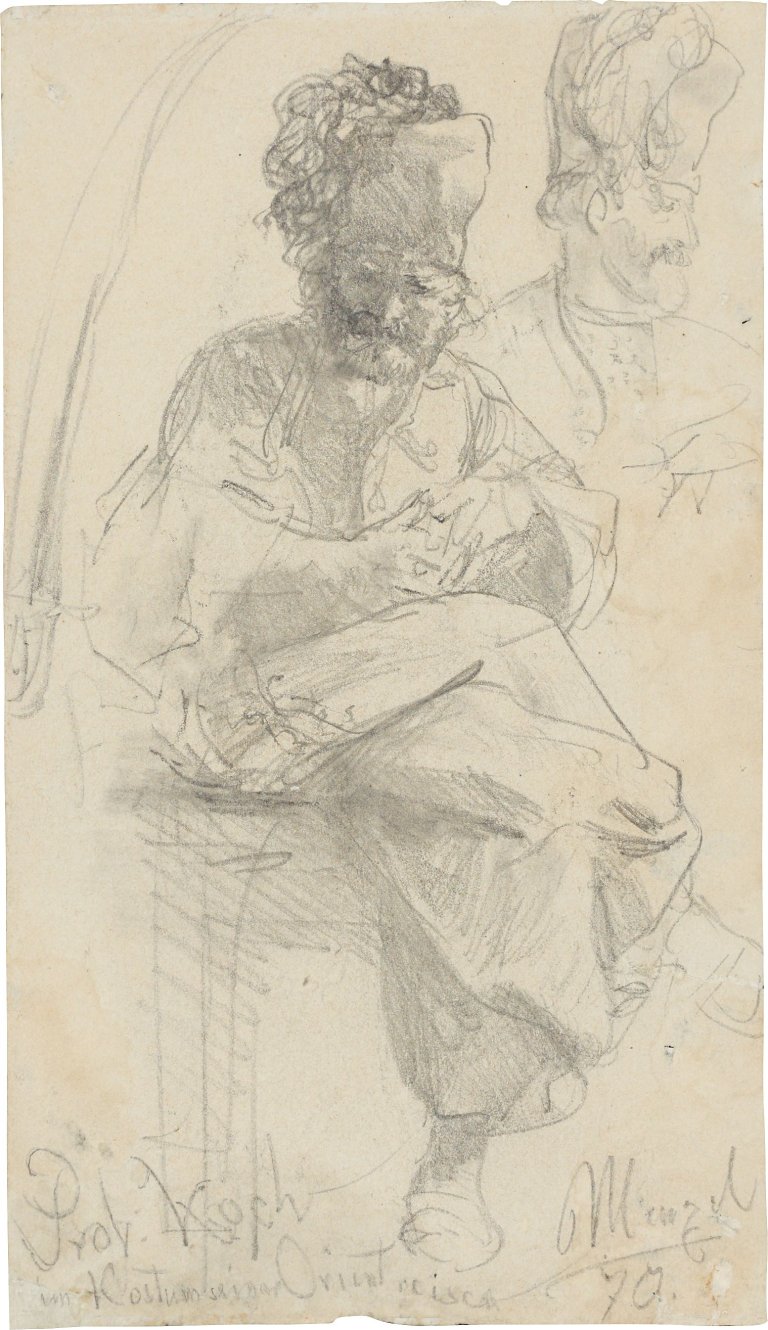 Auf diesem Bild ist das folgende Kunstwerk zu sehen: Adolph Menzel. „Prof. Koch im Kostüm seiner Orientreisen“ / Am Tisch sitzender Mann mit einem Glas (zweiseitig). 1870.