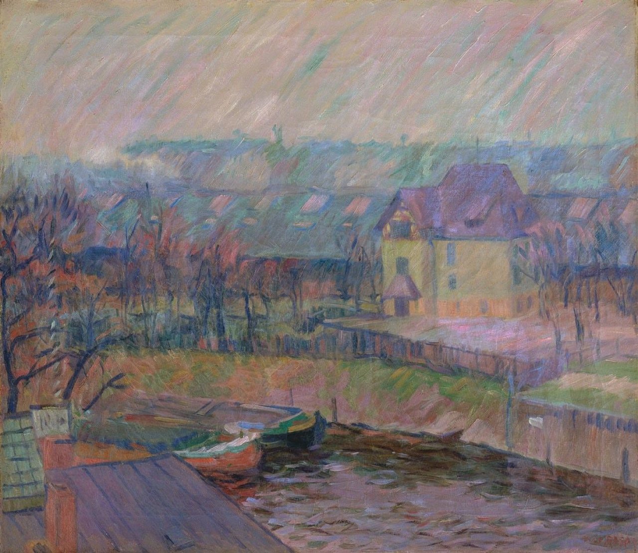 Auf diesem Bild ist das folgende Kunstwerk zu sehen: Walter Alfred Rosam. Stadtlandschaft mit Kähnen. Um 1907/09.