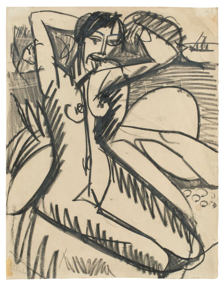 Auf diesem Bild ist das folgende Kunstwerk zu sehen: Ernst Ludwig Kirchner. Am Strand sitzender Akt. 1912.