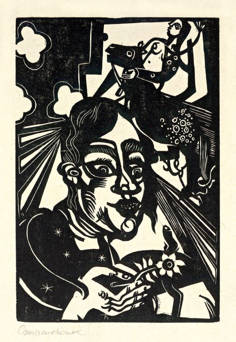Auf diesem Bild ist das folgende Kunstwerk zu sehen: Heinrich Campendonk. „Frau mit Blume“. 1918.