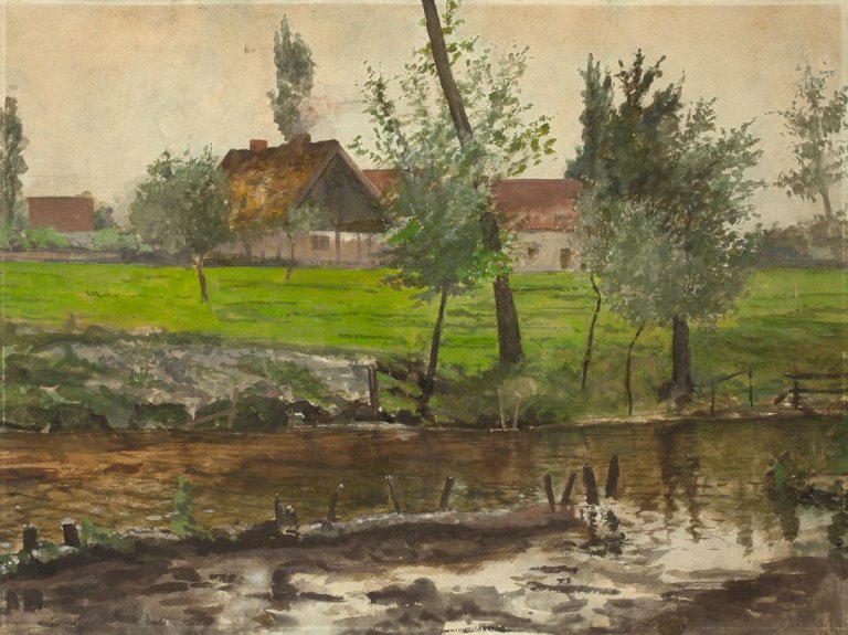 Auf diesem Bild ist das folgende Kunstwerk zu sehen: Walter Leistikow. Häuser am Wasser. Um 1890.