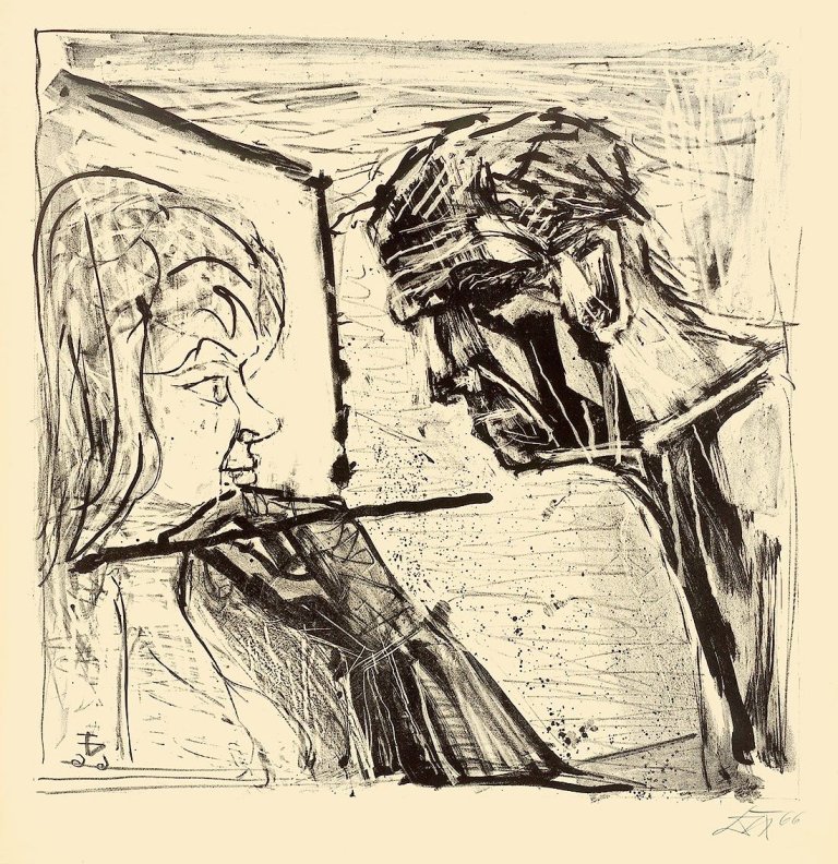 Auf diesem Bild ist das folgende Kunstwerk zu sehen: Otto Dix. „Selbstbildnis im Profil beim Malen“. 1966.