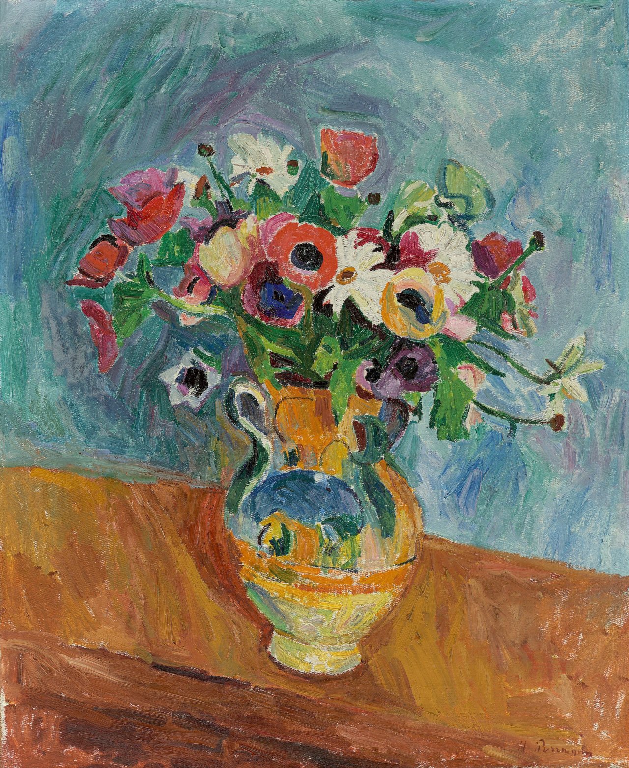 Auf diesem Bild ist das folgende Kunstwerk zu sehen: Hans Purrmann. „Stilleben mit Anemonen“. 1913.