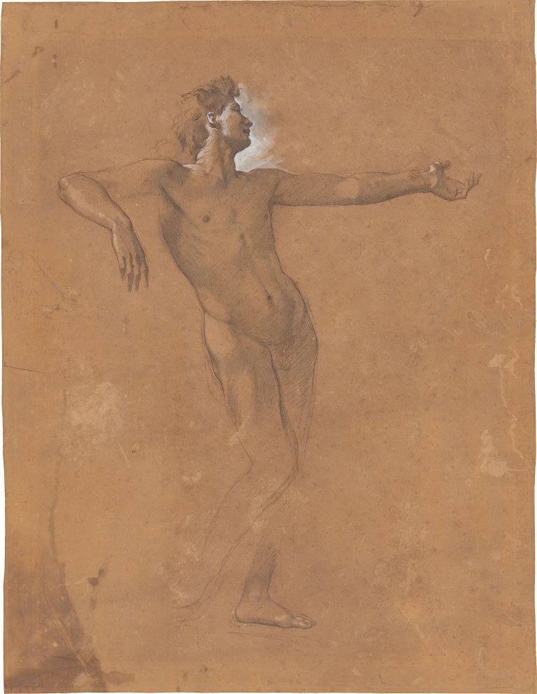 Auf diesem Bild ist das folgende Kunstwerk zu sehen: Anselm Feuerbach. Aktstudie zum Alkibiades („Das Gastmahl des Plato“). Wohl um 1866/67.