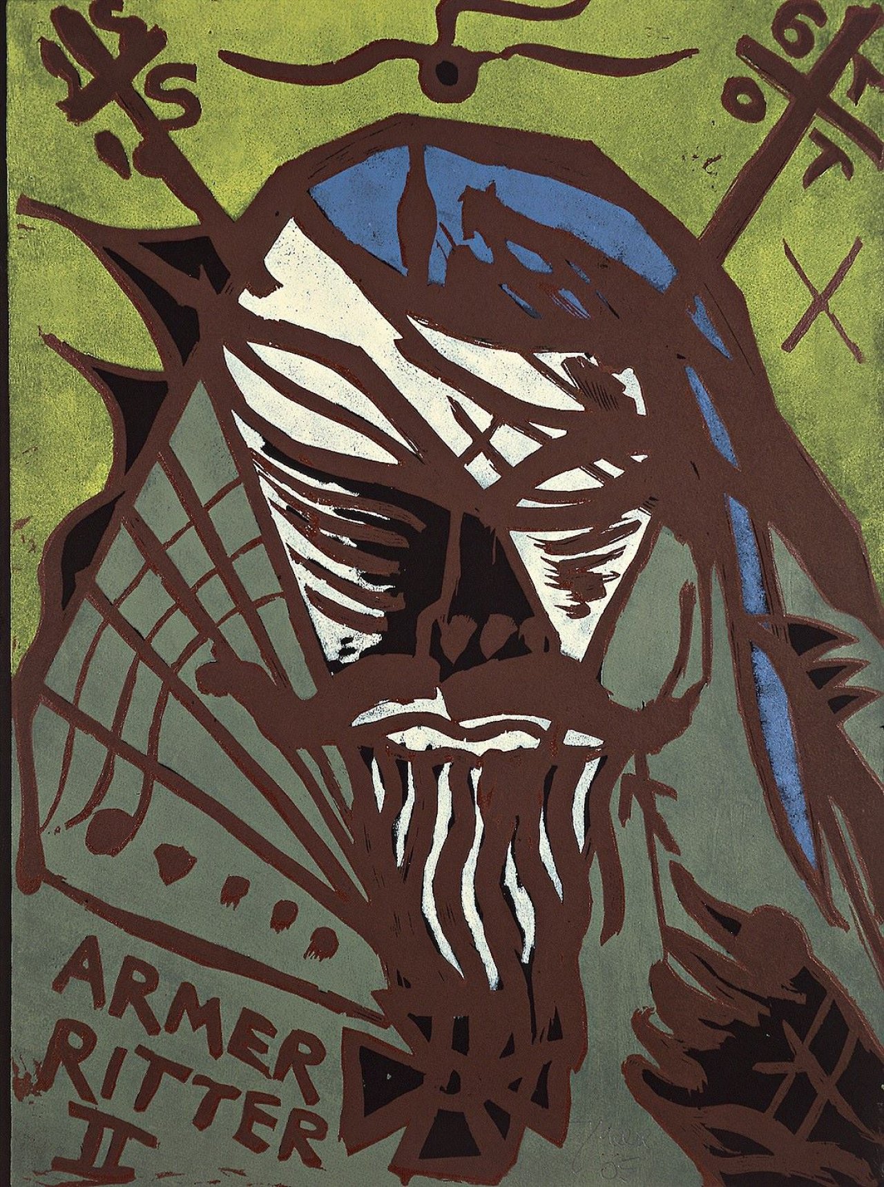 Auf diesem Bild ist das folgende Kunstwerk zu sehen: Jonathan Meese. „Armer Ritter II“ / „Ich bin dein Gold“ / „Dietrich von Bern“. 2005.