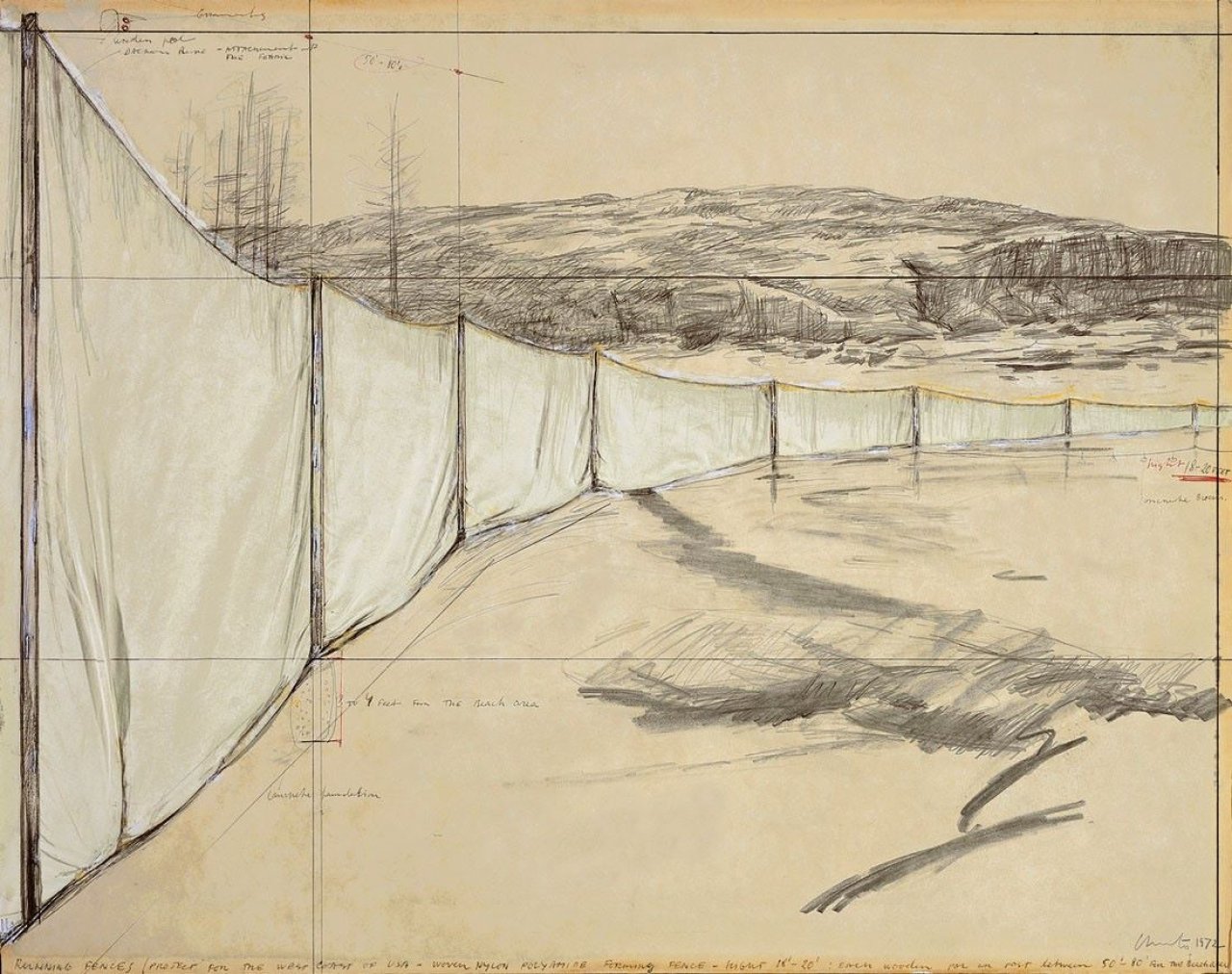 This picture shows the following artwork:  Christo. „Running Fence (Project for the West Coast of USA)“. 1972.