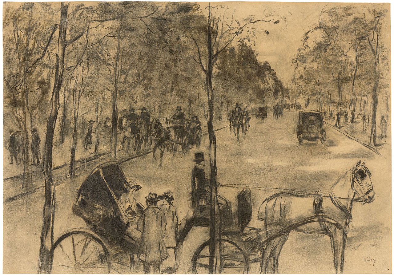 Auf diesem Bild ist das folgende Kunstwerk zu sehen: Lesser Ury. Allee im Tiergarten mit Kutschen. Um 1920.