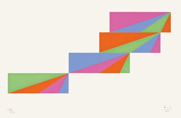 Auf diesem Bild ist das folgende Kunstwerk zu sehen: Max Bill. „Rhythmus aus gleichen Mengen“ / „Gleiche Farbquanten um drei Achsen“. 1976.