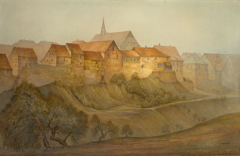 Auf diesem Bild ist das folgende Kunstwerk zu sehen: Franz Lenk. „Orlamünde im Nebel“. 1937.