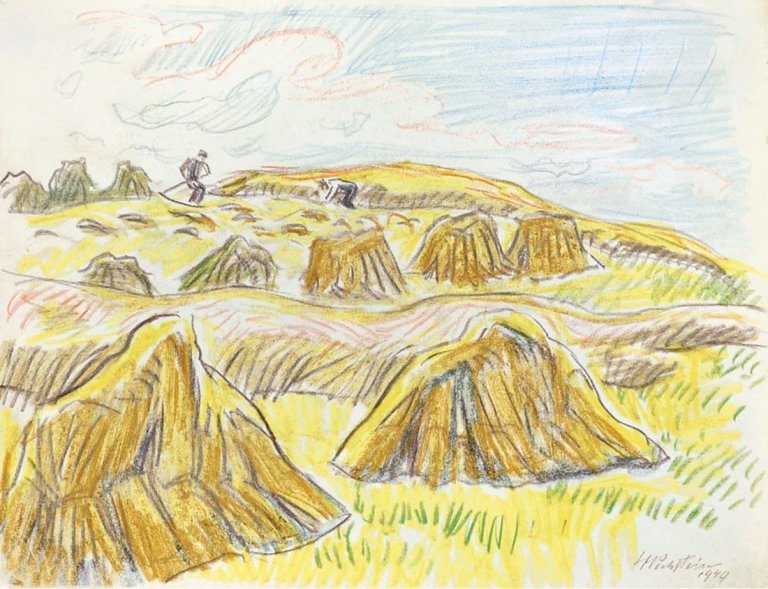 Auf diesem Bild ist das folgende Kunstwerk zu sehen: Max Pechstein. Auf dem Feld. 1949.