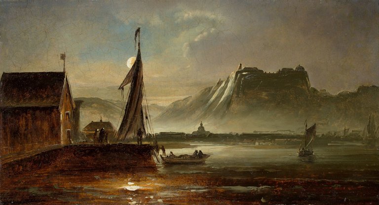 Auf diesem Bild ist das folgende Kunstwerk zu sehen: Peder Balke. „View of Fredriksten Fortress in Moonlight“. (Fredrikshald im Mondschein). Um 1852.