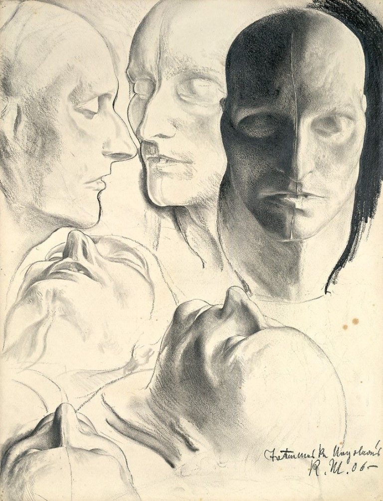 Auf diesem Bild ist das folgende Kunstwerk zu sehen: Richard Müller. „Verschiedene Studien der Totenmaske Napoleons“. 1906.