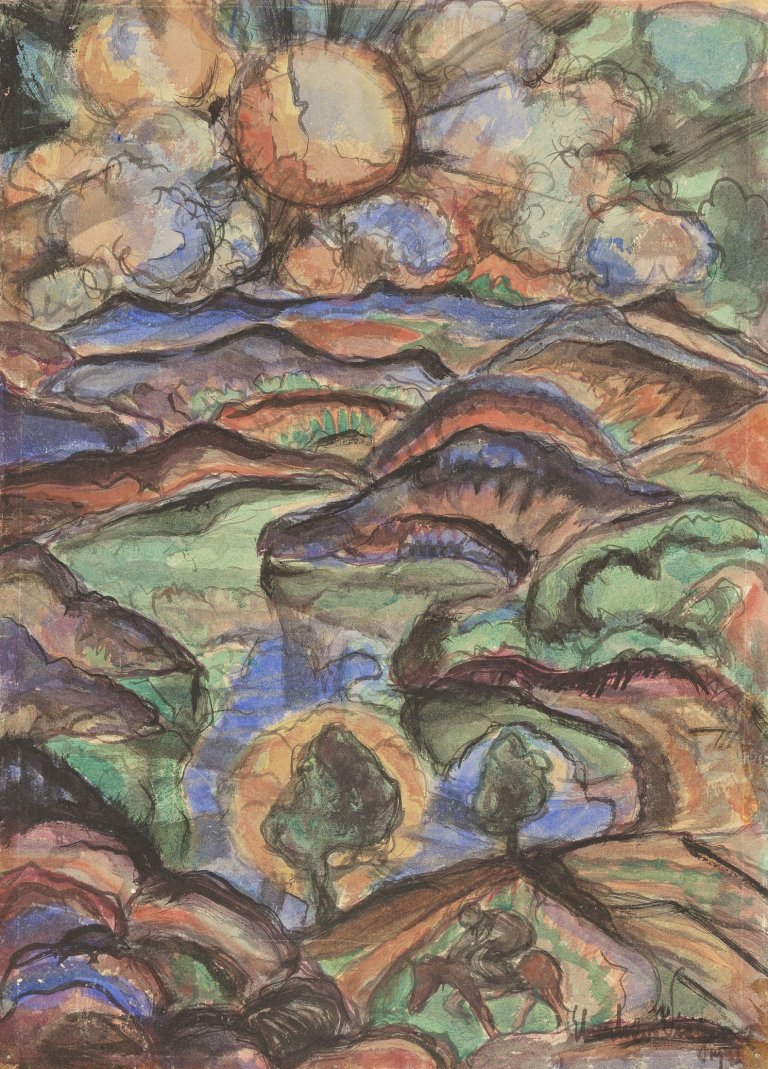 Auf diesem Bild ist das folgende Kunstwerk zu sehen: Eberhard Viegener. Sonnige Landschaft mit Reiter. 1921.