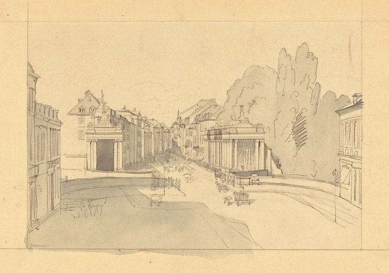 Auf diesem Bild ist das folgende Kunstwerk zu sehen: Eduard Gaertner. „Königsbrücke und Königskolonnaden mit Blick in die Königstraße“ (Berlin). Um 1832.