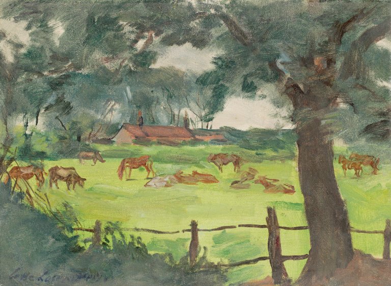 Auf diesem Bild ist das folgende Kunstwerk zu sehen: Lotte Laserstein. Landschaft mit weidenden Kühen und Pferden.