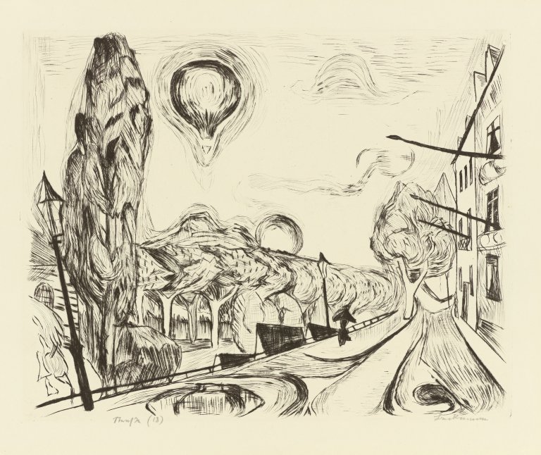 Auf diesem Bild ist das folgende Kunstwerk zu sehen: Max Beckmann. „Landschaft mit Ballon“. 1918.
