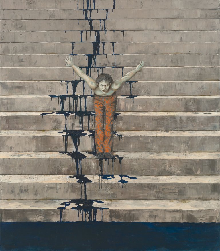 Auf diesem Bild ist das folgende Kunstwerk zu sehen: Jonas Burgert. „Treppenspringer“. 2005.