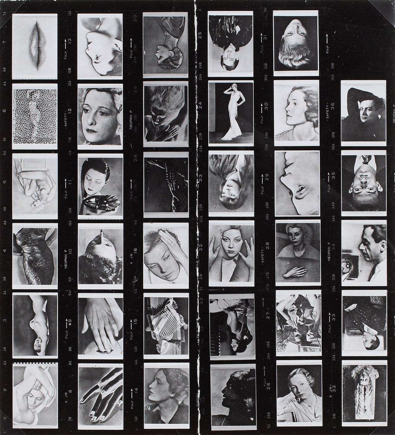 Auf diesem Bild ist das folgende Kunstwerk zu sehen:  Man Ray. Kontaktbogen mit 35 Photographien der Tafeln 35–69 aus dem Buch „Photographs by Man Ray: 1920–1934, Paris“.