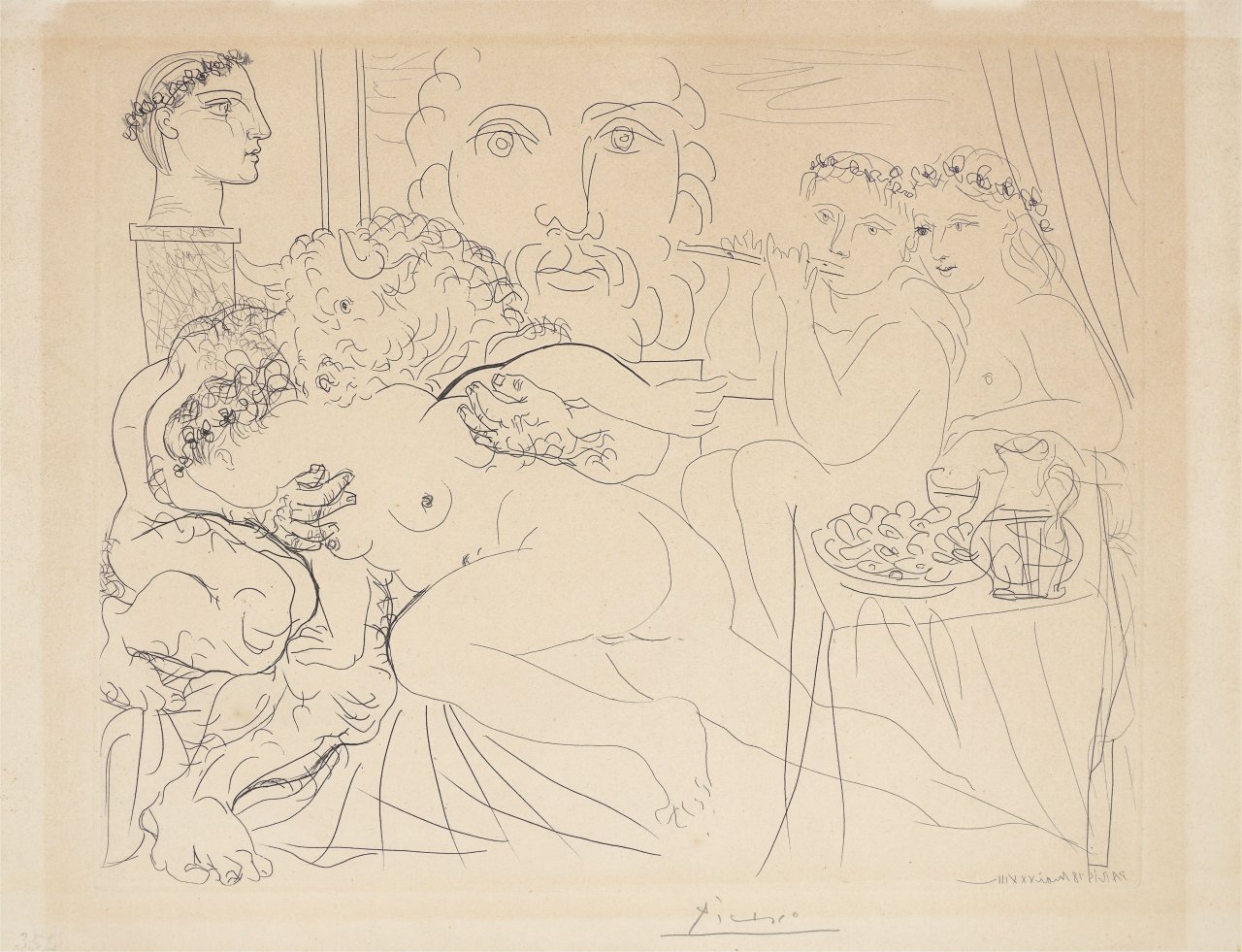Auf diesem Bild ist das folgende Kunstwerk zu sehen: Pablo Picasso. „Autoportrait sous trois formes: Peintre couronné, sculpteur en buste et minotaure amoureux“. 1933.