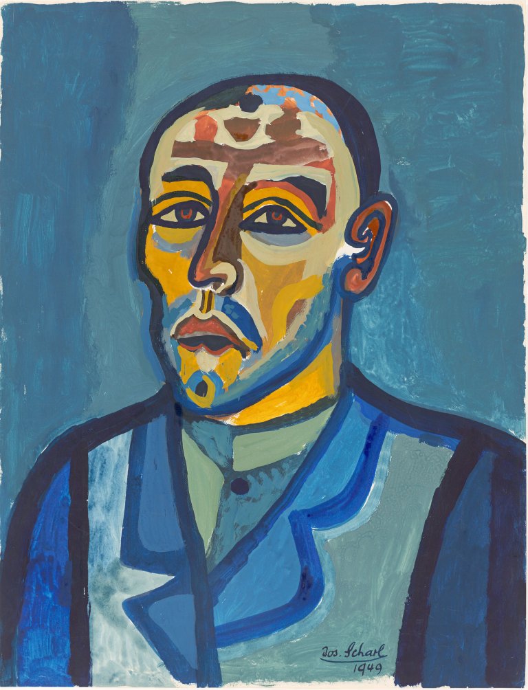 Auf diesem Bild ist das folgende Kunstwerk zu sehen: Josef Scharl. Porträt eines Mannes im blauen Jackett. 1949.