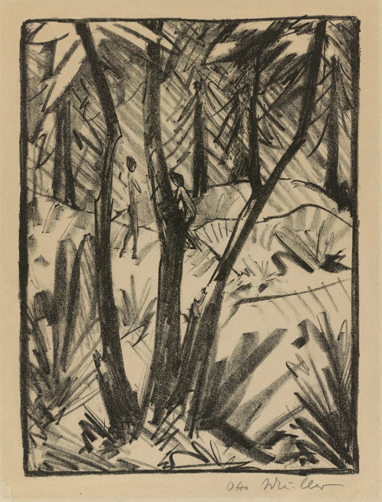 Auf diesem Bild ist das folgende Kunstwerk zu sehen: Otto Mueller. „Waldlandschaft mit kleinen Figuren (2)“. 1919.
