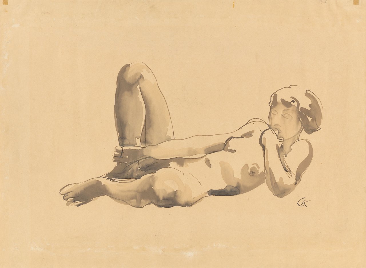 Auf diesem Bild ist das folgende Kunstwerk zu sehen: Georg Kolbe. Liegender weiblicher Akt mit angezogenem rechten Bein. Anfang der 1920er-Jahre.