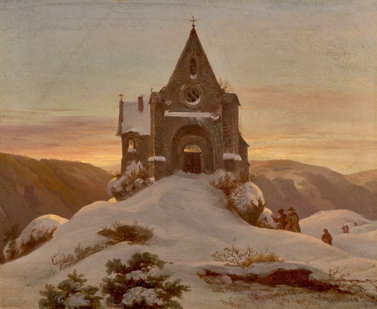 Auf diesem Bild ist das folgende Kunstwerk zu sehen: Ernst Ferdinand Oehme. Bergkapelle im Winter. Um 1850.