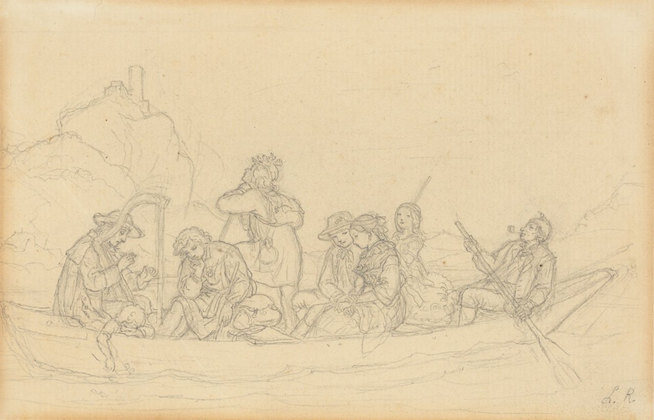 Auf diesem Bild ist das folgende Kunstwerk zu sehen: Adrian Ludwig Richter. Überfahrt am Schreckenstein. Um 1855.