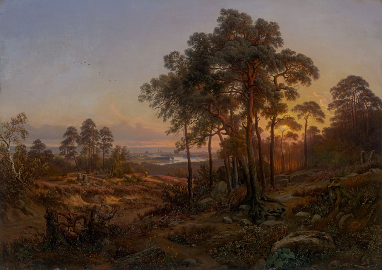 Auf diesem Bild ist das folgende Kunstwerk zu sehen: Johann Anton Castell. Landschaft mit Blick auf Dresden. 1848.