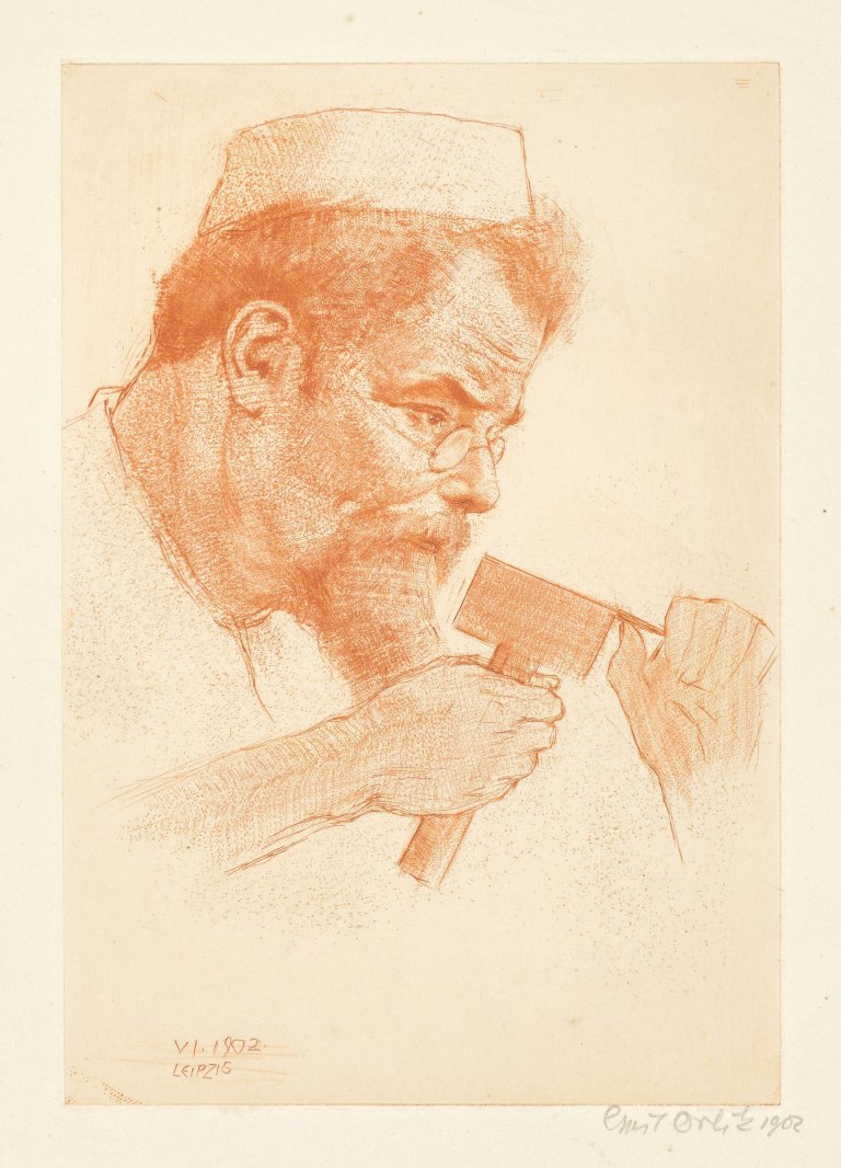 Auf diesem Bild ist das folgende Kunstwerk zu sehen: Emil Orlik. Porträt Max Klinger . 1902.