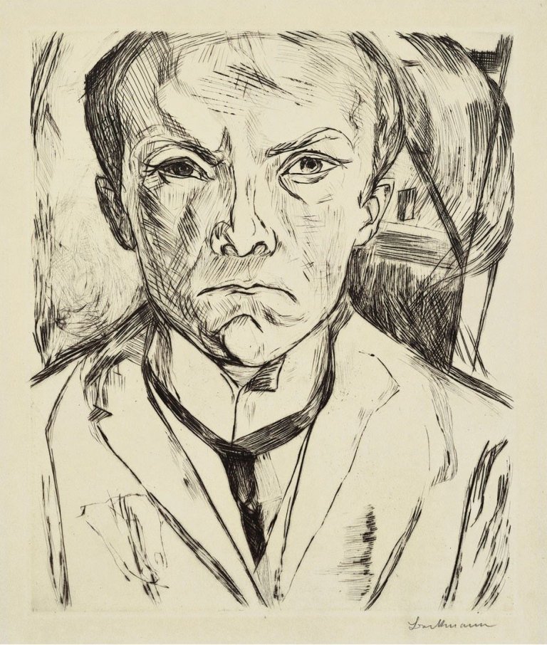 Auf diesem Bild ist das folgende Kunstwerk zu sehen: Max Beckmann. „Selbstbildnis von vorn, im Hintergrund Hausgiebel“. 1918.