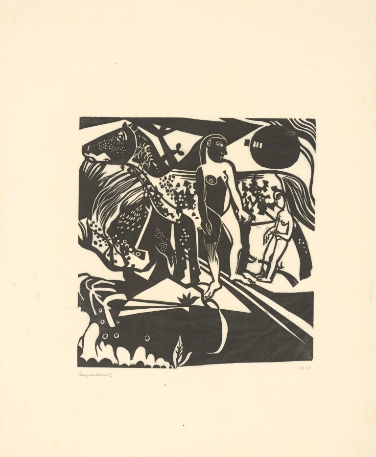 Auf diesem Bild ist das folgende Kunstwerk zu sehen: Heinrich Campendonk. „Zwei Akte mit Pferd“. 1918.