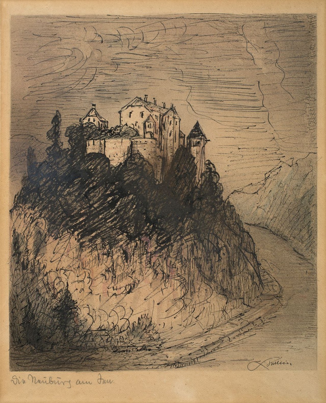 Auf diesem Bild ist das folgende Kunstwerk zu sehen: Alfred Kubin. Die Neuburg am Inn. Vor 1931.