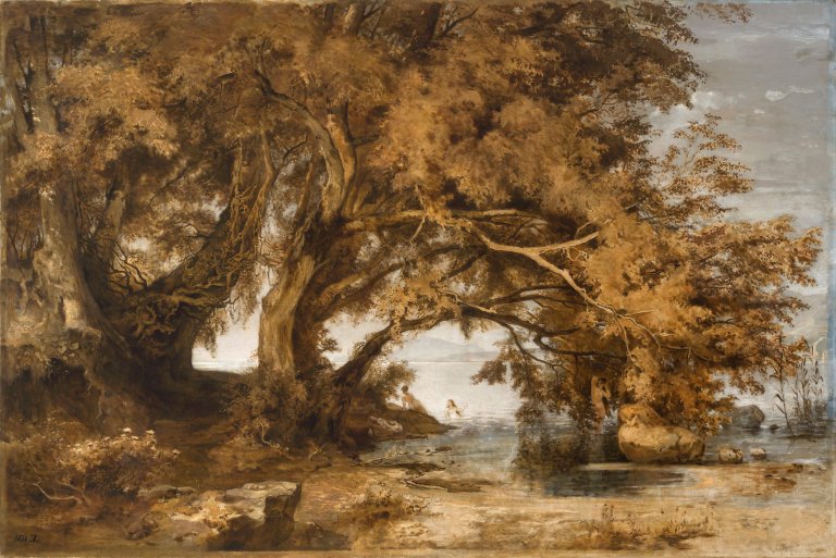 Auf diesem Bild ist das folgende Kunstwerk zu sehen: Emil Lugo. Der Lindenhain von Frauenchiemsee. 1878.