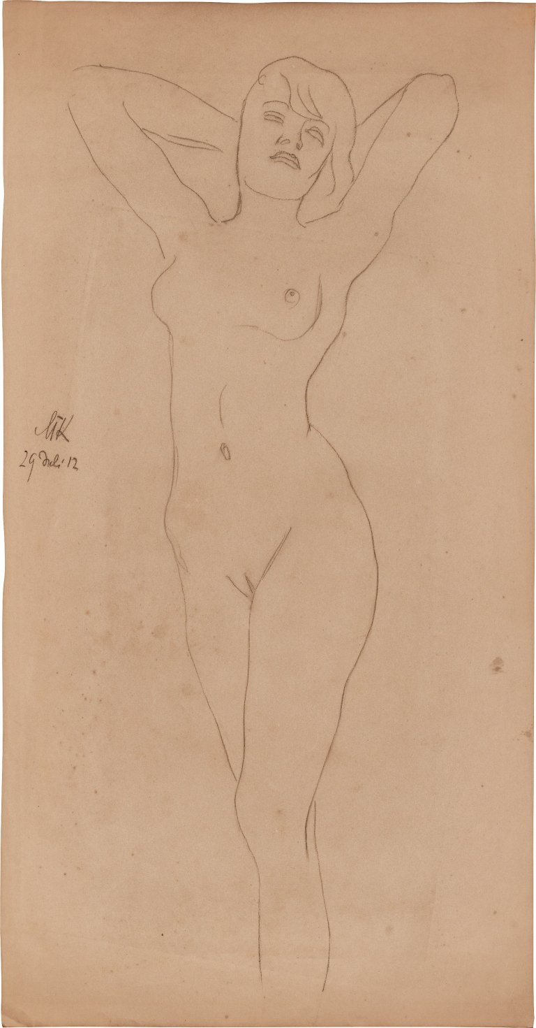 Auf diesem Bild ist das folgende Kunstwerk zu sehen: Max Klinger. Zeichnung und Radierung: Stehender weiblicher Akt. 1912 / Ex Libris Studie. Vor 1914.