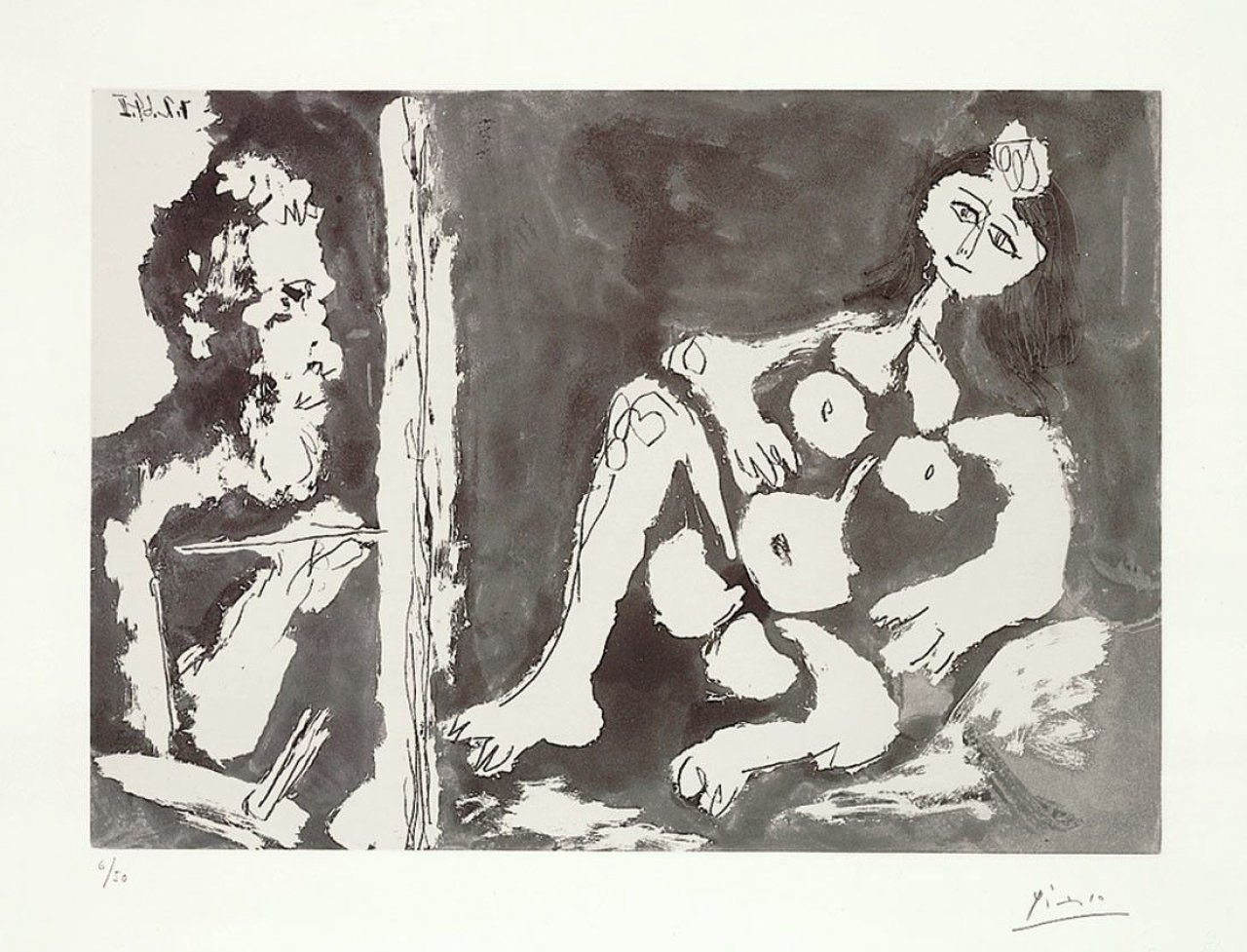 Auf diesem Bild ist das folgende Kunstwerk zu sehen: Pablo Picasso. „Peintre et modèle avec un noeud dans les cheveux“. 1964.