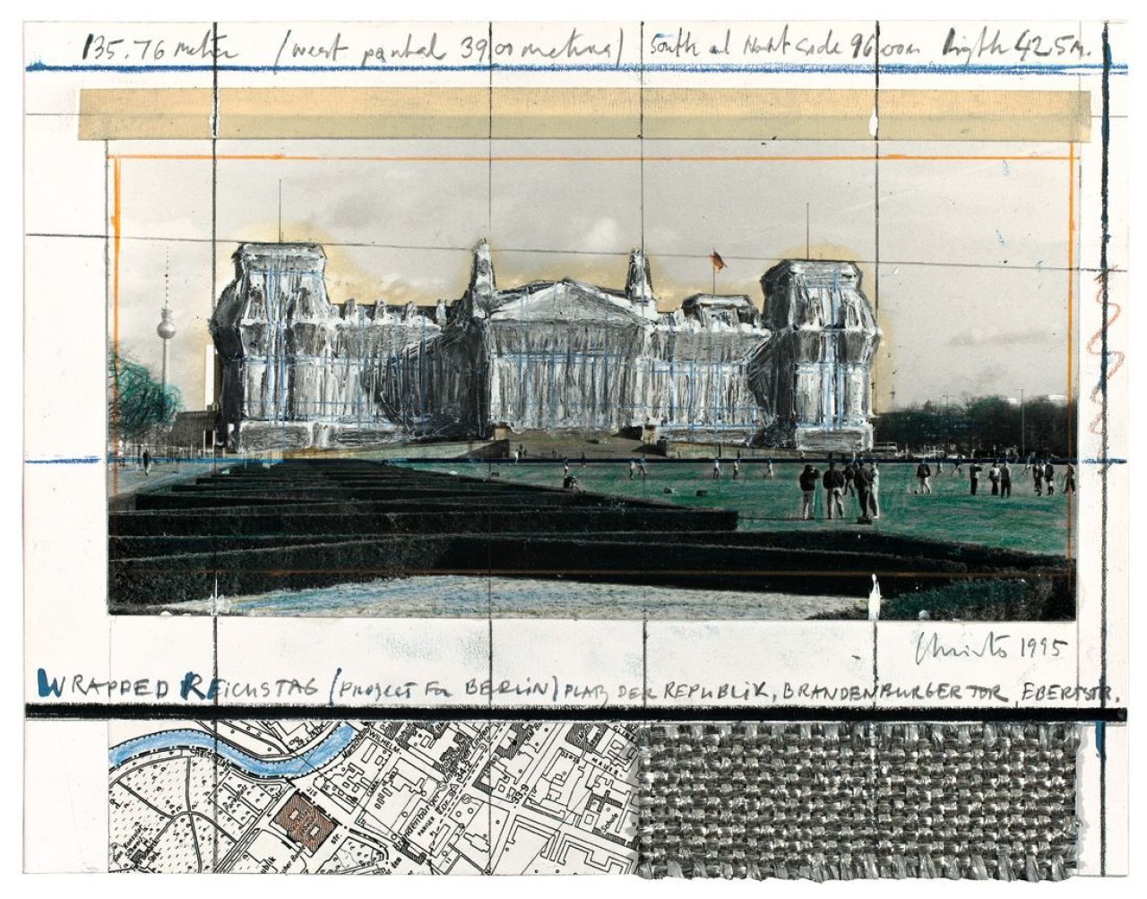 Auf diesem Bild ist das folgende Kunstwerk zu sehen:  Christo. „Wrapped Reichstag“. 1995.