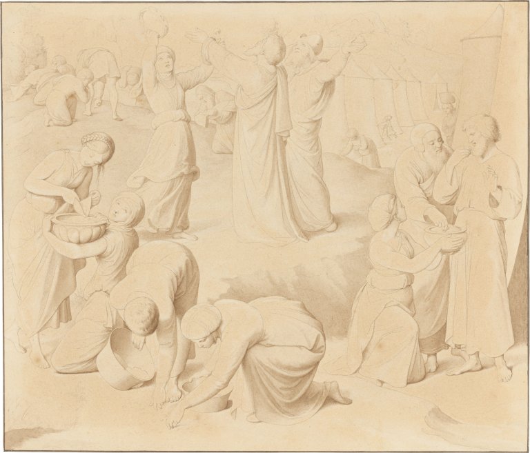 Auf diesem Bild ist das folgende Kunstwerk zu sehen: Friedrich Overbeck. Die Israeliten in der Wüste sammeln das Manna. Um 1860.